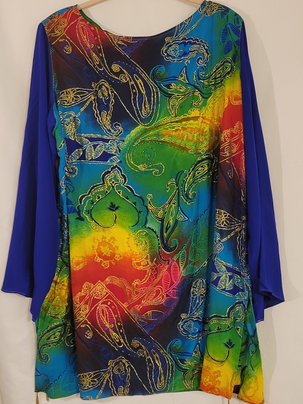 Diane Gilman 2X Silk Paisley Tunic Top Beaded Tassel Hem Colorful - Picture 2 of 8